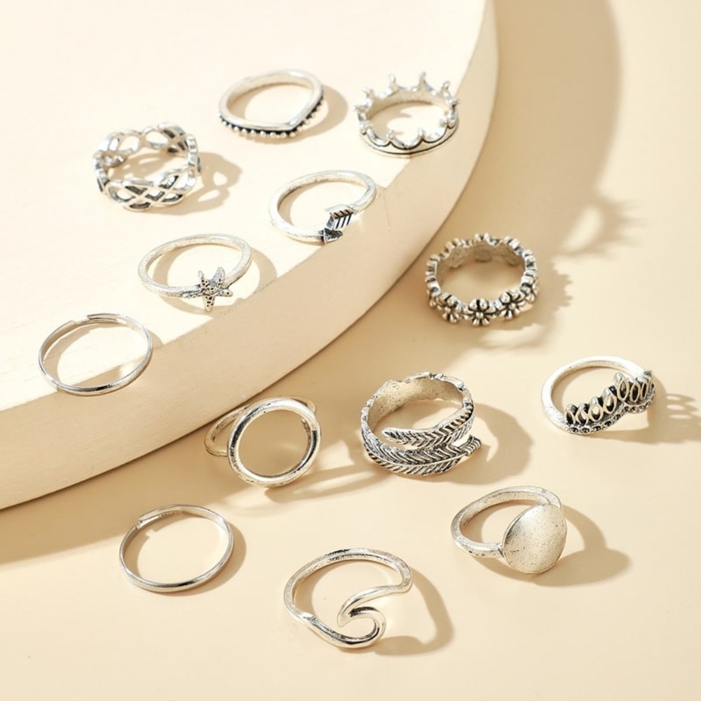*DIONNE* 13-Pc Silver Bohemian Flower Starfish Arrow Fashion Ring Set